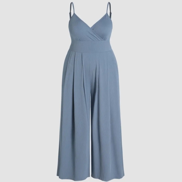 Cider Pants - CIDER Blue V-neck Cami Wide Leg Jumpsuit W/ Pockets